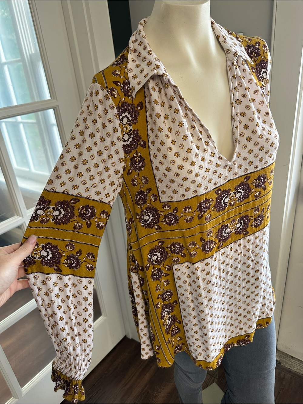 Free People Mustard and Cream Boho V-Neck Tunic